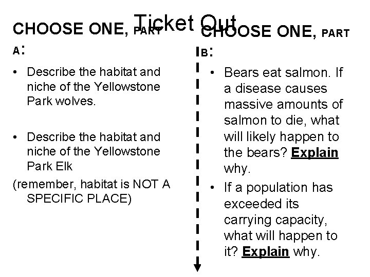 Out CHOOSE ONE, Ticket PART CHOOSE ONE, PART A: B: • Describe the habitat