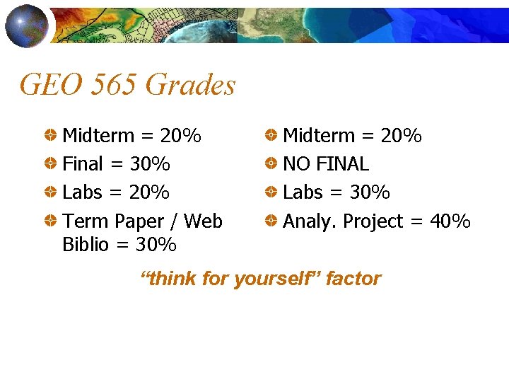 GEO 565 Grades Midterm = 20% Final = 30% Labs = 20% Term Paper