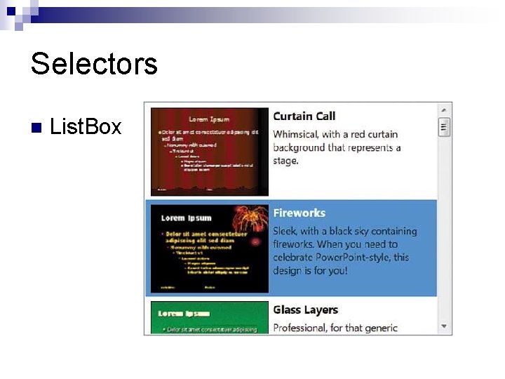 Selectors n List. Box 