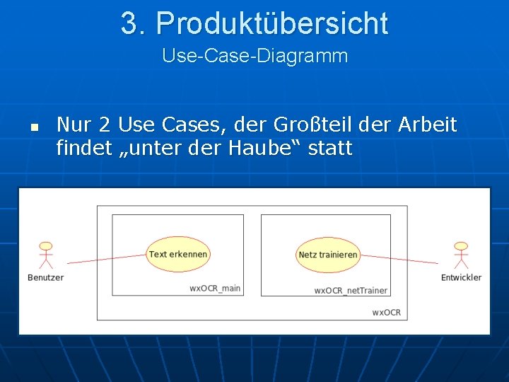 3. Produktübersicht Use-Case-Diagramm n Nur 2 Use Cases, der Großteil der Arbeit findet „unter