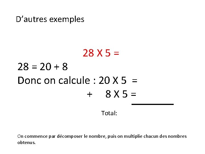D’autres exemples 28 X 5 = 28 = 20 + 8 Donc on calcule