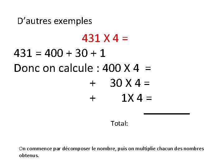 D’autres exemples 431 X 4 = 431 = 400 + 30 + 1 Donc