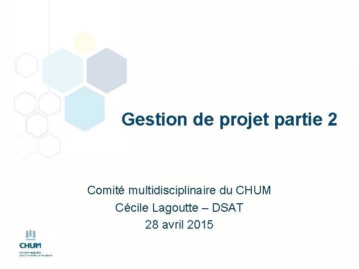 Gestion de projet partie 2 Comité multidisciplinaire du CHUM Cécile Lagoutte – DSAT 28