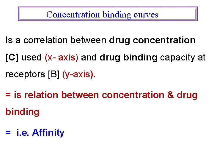 Concentration binding curves Is a correlation between drug concentration [C] used (x- axis) and