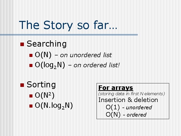 The Story so far… n Searching O(N) – on unordered list n O(log 2