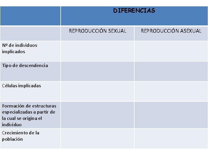 DIFERENCIAS REPRODUCCIÓN SEXUAL Nº de individuos implicados Tipo de descendencia Células implicadas Formación de