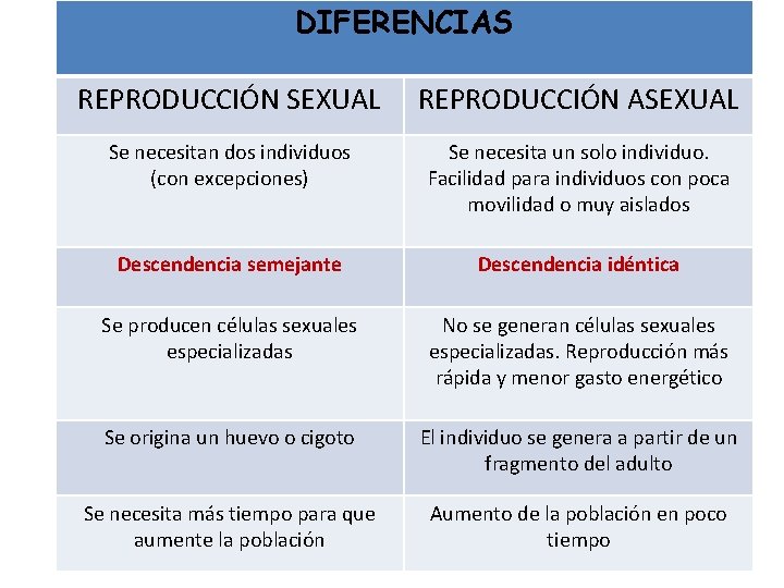 DIFERENCIAS REPRODUCCIÓN SEXUAL REPRODUCCIÓN ASEXUAL Se necesitan dos individuos (con excepciones) Se necesita un