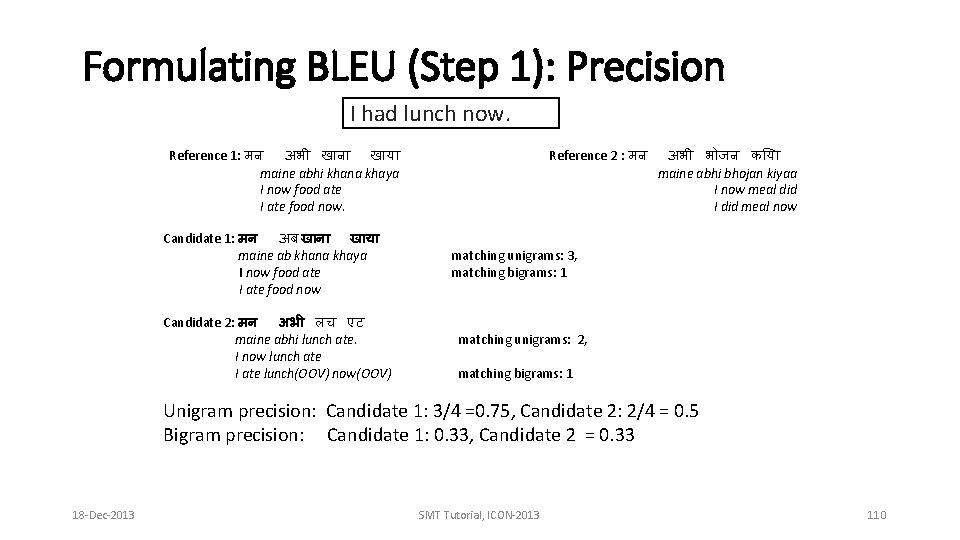 Formulating BLEU (Step 1): Precision I had lunch now. Reference 1: मन अभ ख Formulating BLEU (Step 1): Precision I had lunch now. Reference 1: मन अभ ख