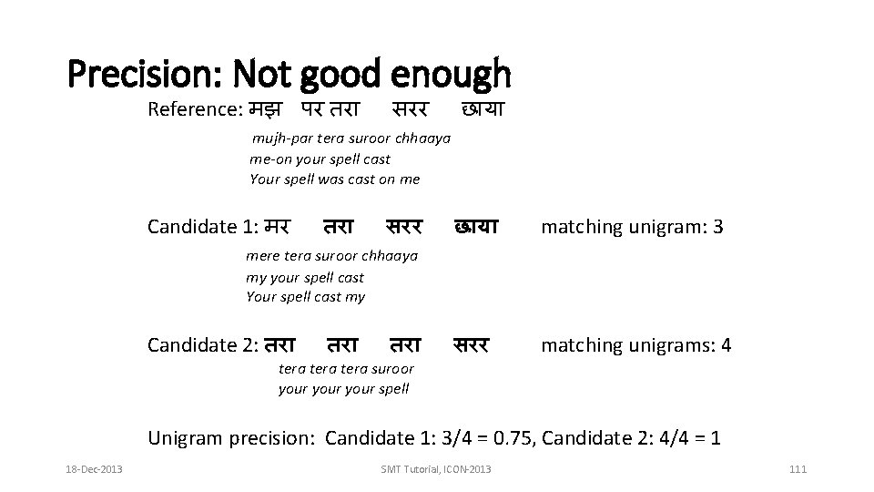 Precision: Not good enough Reference: मझ पर तर सरर छ य mujh-par tera suroor Precision: Not good enough Reference: मझ पर तर सरर छ य mujh-par tera suroor