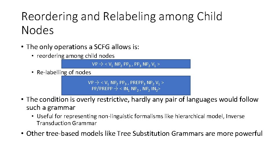 Reordering and Relabeling among Child Nodes • The only operations a SCFG allows is: Reordering and Relabeling among Child Nodes • The only operations a SCFG allows is:
