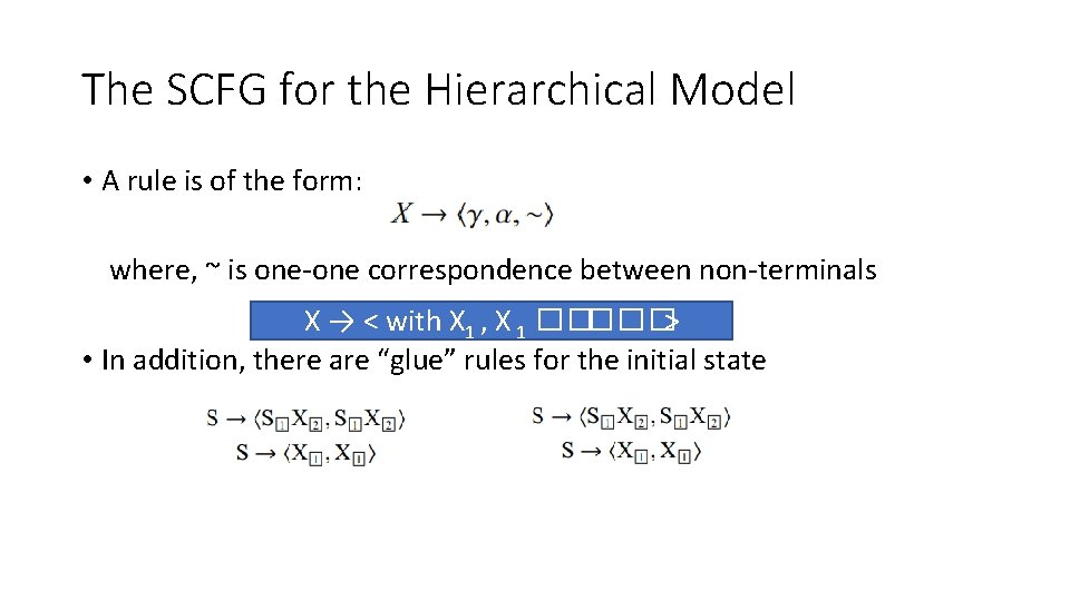 The SCFG for the Hierarchical Model • A rule is of the form: where, The SCFG for the Hierarchical Model • A rule is of the form: where,