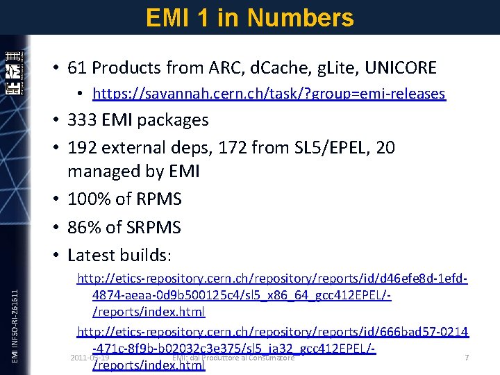 EMI 1 in Numbers • 61 Products from ARC, d. Cache, g. Lite, UNICORE