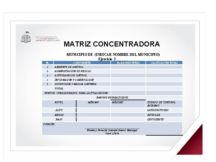 MATRIZ CONCENTRADORA MUNICIPIO DE (INDICAR NOMBRE DEL MUNICIPIO) Ejercicio 2 ______ No. COMPONENTE No.
