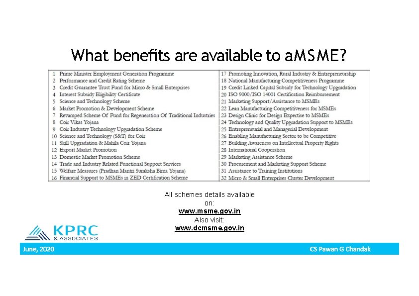 What beneﬁts are available to a. MSME? All schemes details available on: www. msme.