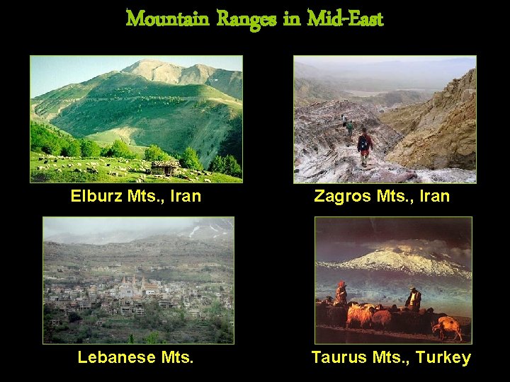 Mountain Ranges in Mid-East Elburz Mts. , Iran Lebanese Mts. Zagros Mts. , Iran
