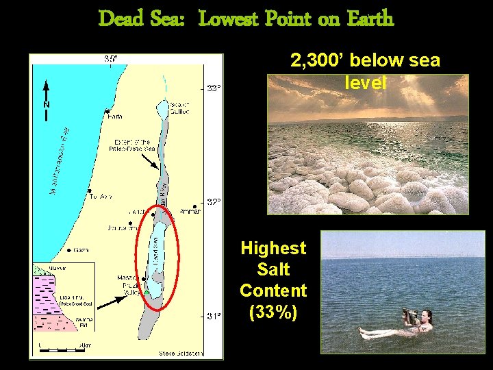 Dead Sea: Lowest Point on Earth 2, 300’ below sea level Highest Salt Content
