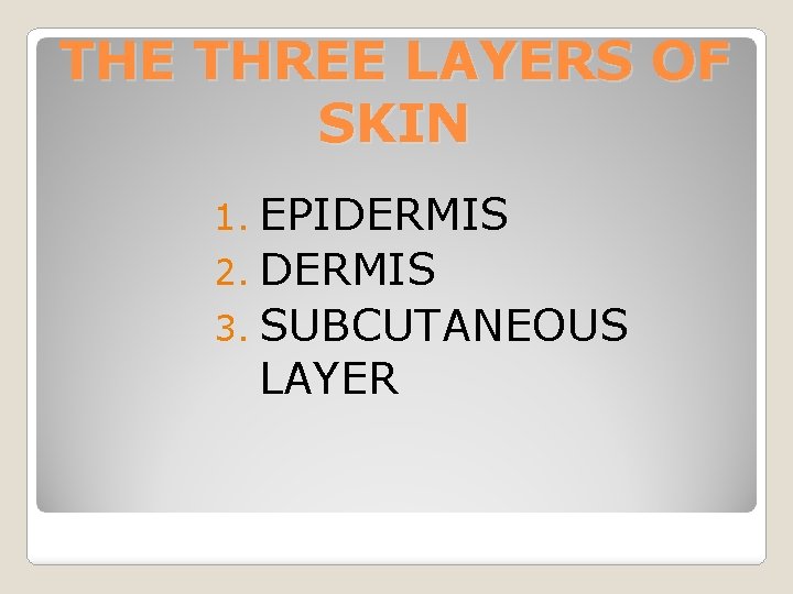 THE THREE LAYERS OF SKIN 1. EPIDERMIS 2. DERMIS 3. SUBCUTANEOUS LAYER 