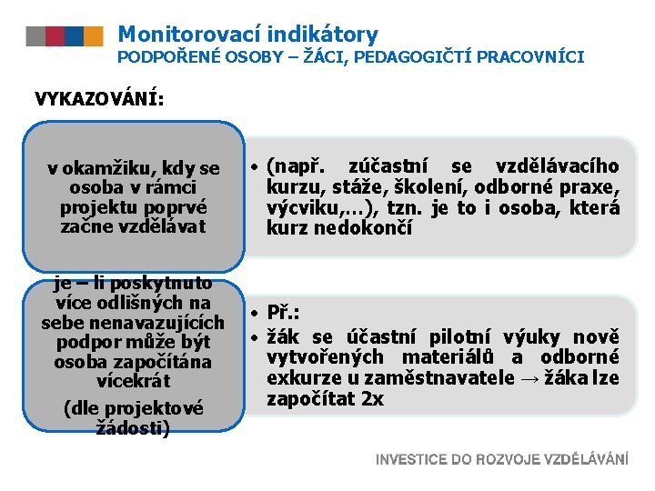 Monitorovací indikátory PODPOŘENÉ OSOBY – ŽÁCI, PEDAGOGIČTÍ PRACOVNÍCI VYKAZOVÁNÍ: v okamžiku, kdy se osoba