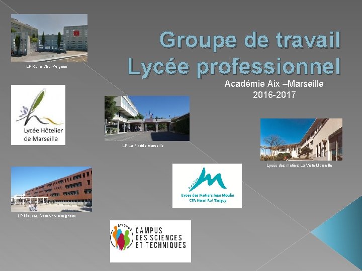 LP René Char Avignon Groupe de travail Lycée professionnel Académie Aix –Marseille 2016 -2017 LP René Char Avignon Groupe de travail Lycée professionnel Académie Aix –Marseille 2016 -2017