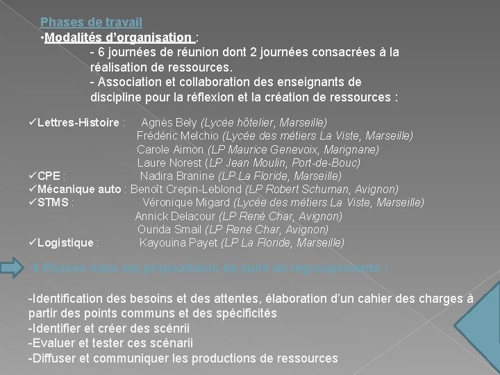 Phases de travail • Modalités d’organisation : - 6 journées de réunion dont 2 Phases de travail • Modalités d’organisation : - 6 journées de réunion dont 2