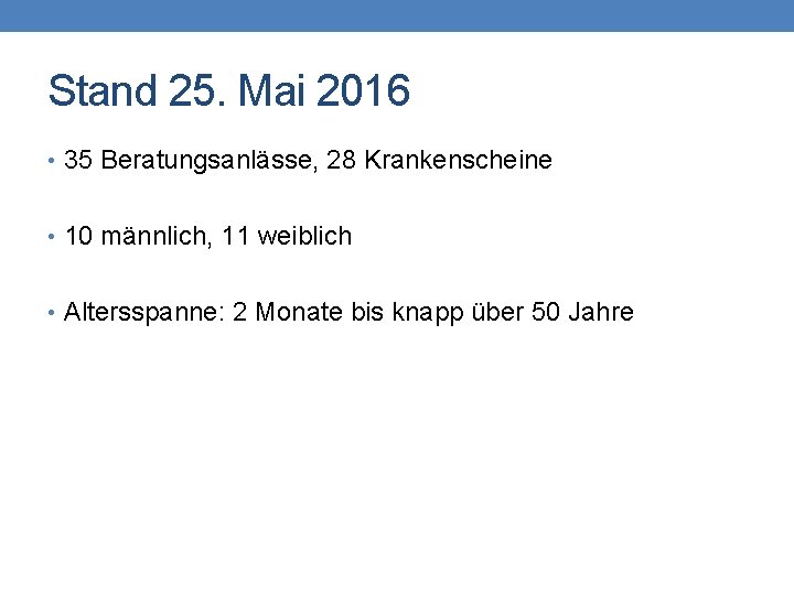 Stand 25. Mai 2016 • 35 Beratungsanlässe, 28 Krankenscheine • 10 männlich, 11 weiblich