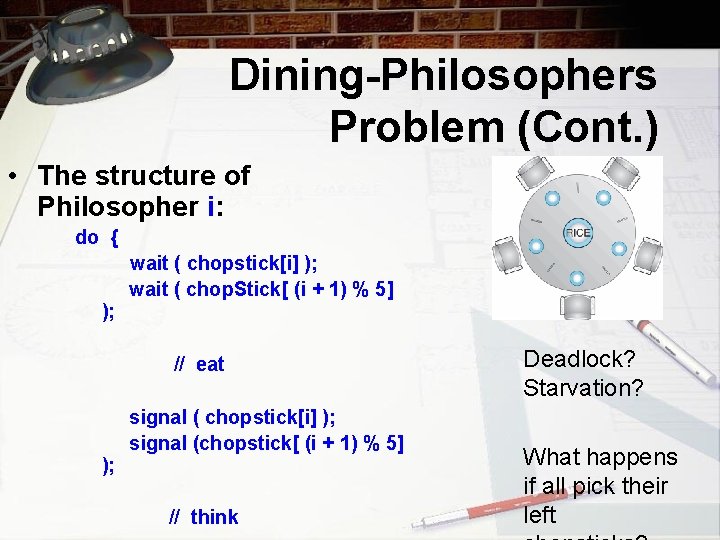 Dining-Philosophers Problem (Cont. ) • The structure of Philosopher i: do { ); wait