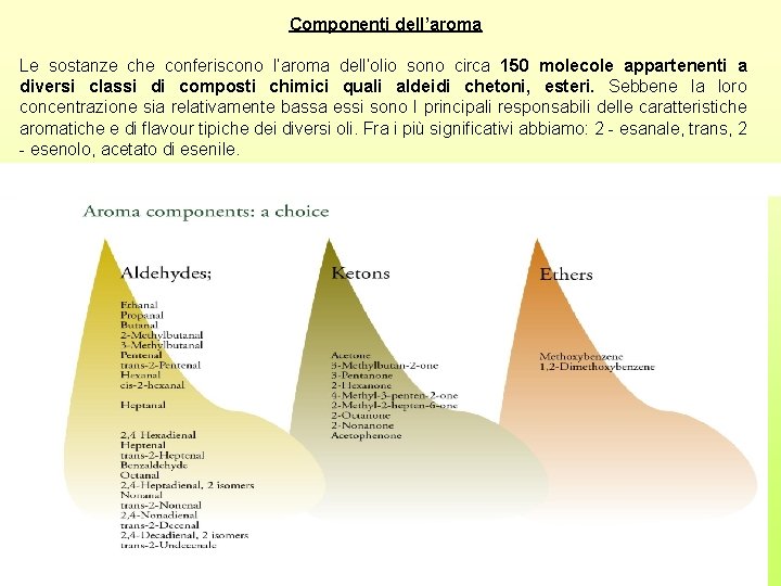 Componenti dell’aroma Le sostanze che conferiscono l’aroma dell’olio sono circa 150 molecole appartenenti a