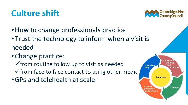 Culture shift • How to change professionals practice • Trust the technology to inform