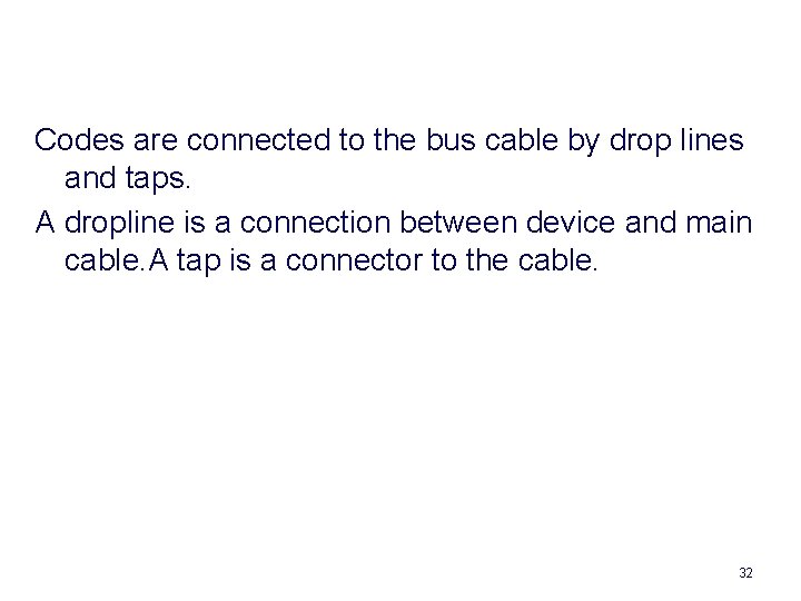 Codes are connected to the bus cable by drop lines and taps. A dropline
