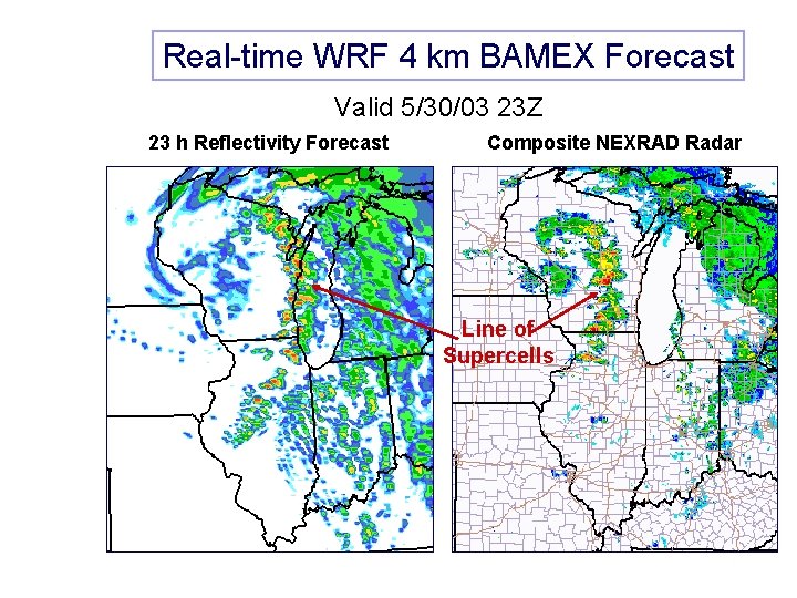 Real-time WRF 4 km BAMEX Forecast Valid 5/30/03 23 Z 23 h Reflectivity Forecast