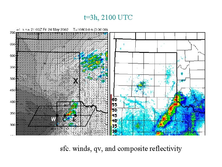 t=3 h, 2100 UTC sfc. winds, qv, and composite reflectivity 