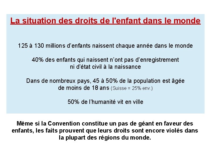 La situation des droits de l'enfant dans le monde 125 à 130 millions d’enfants