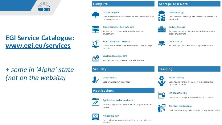 EGI Service Catalogue: www. egi. eu/services + some in ‘Alpha’ state (not on the