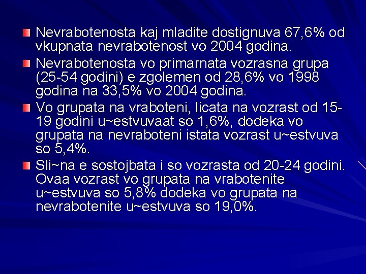 Nevrabotenosta kaj mladite dostignuva 67, 6% od vkupnata nevrabotenost vo 2004 godina. Nevrabotenosta vo