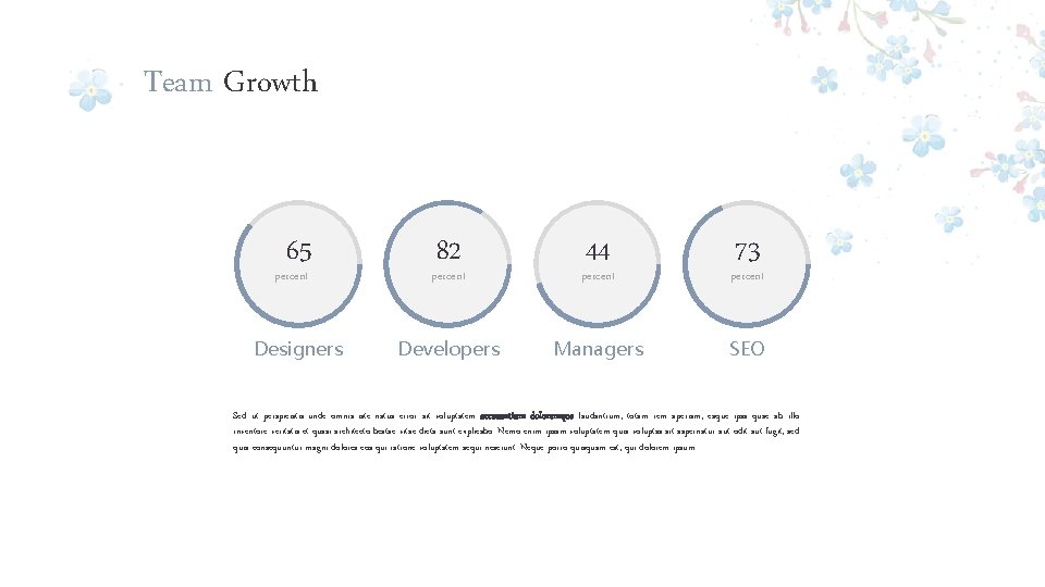 Team Growth 65 82 percent 44 percent Designers Developers Managers SEO percent 73 Sed