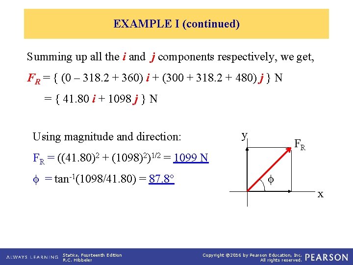 EXAMPLE I (continued) Summing up all the i and j components respectively, we get,