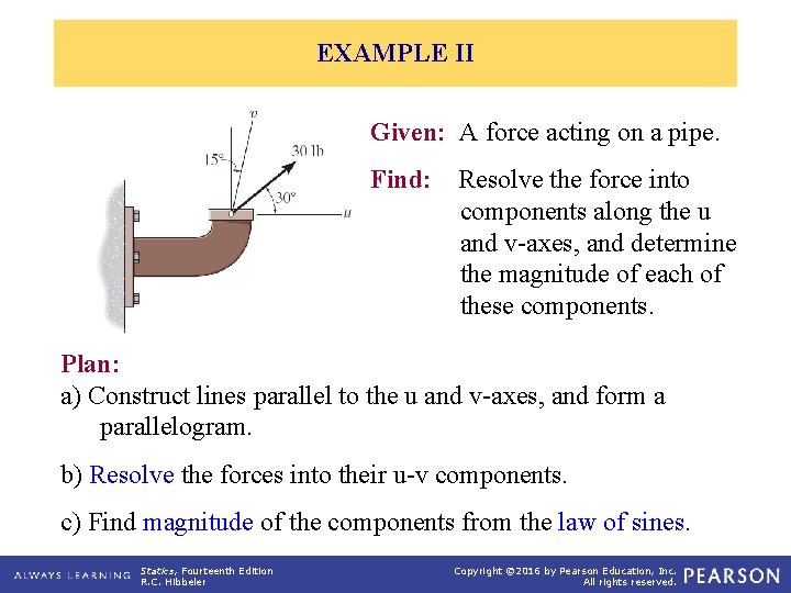 EXAMPLE II Given: A force acting on a pipe. Find: Resolve the force into