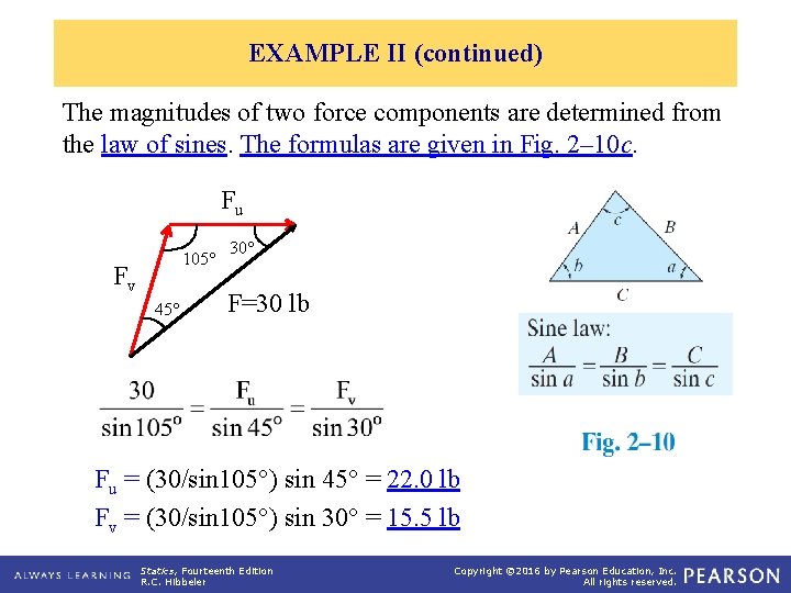 EXAMPLE II (continued) The magnitudes of two force components are determined from the law