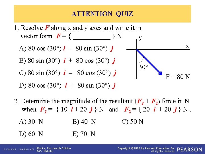 ATTENTION QUIZ 1. Resolve F along x and y axes and write it in