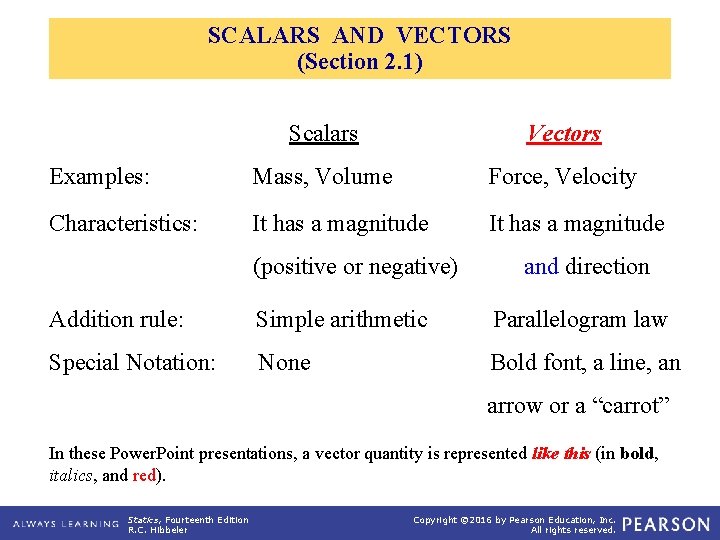 SCALARS AND VECTORS (Section 2. 1) Scalars Vectors Examples: Mass, Volume Force, Velocity Characteristics: