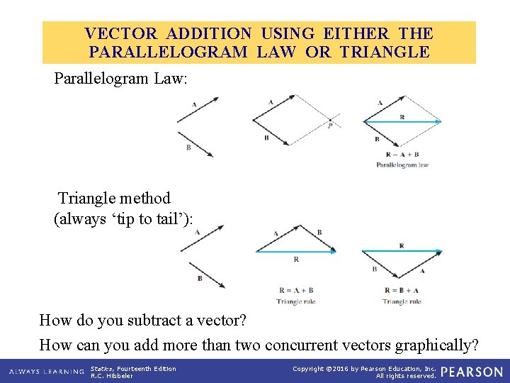 VECTOR ADDITION USING EITHER THE PARALLELOGRAM LAW OR TRIANGLE Parallelogram Law: Triangle method (always