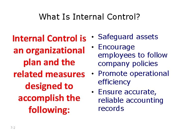 What Is Internal Control? Internal Control is an organizational plan and the related measures