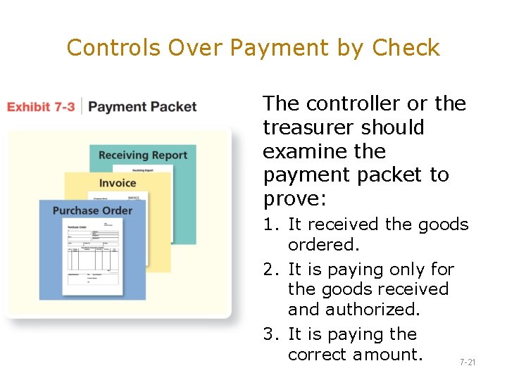Controls Over Payment by Check The controller or the treasurer should examine the payment