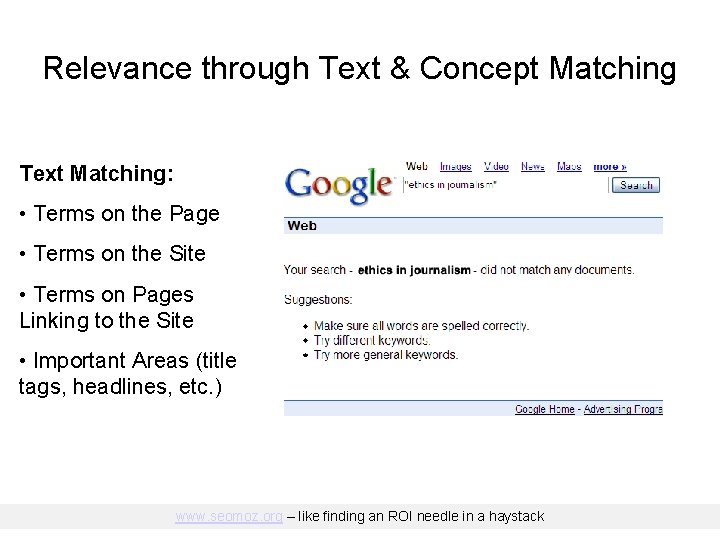 Relevance through Text & Concept Matching Text Matching: • Terms on the Page •