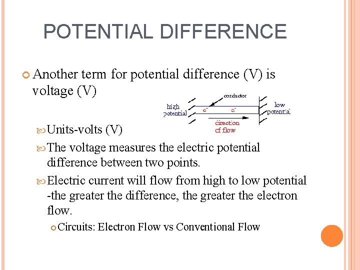 POTENTIAL DIFFERENCE Another term for potential difference (V) is voltage (V) Units-volts (V) The