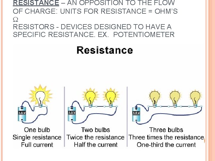 RESISTANCE – AN OPPOSITION TO THE FLOW OF CHARGE: UNITS FOR RESISTANCE = OHM’S