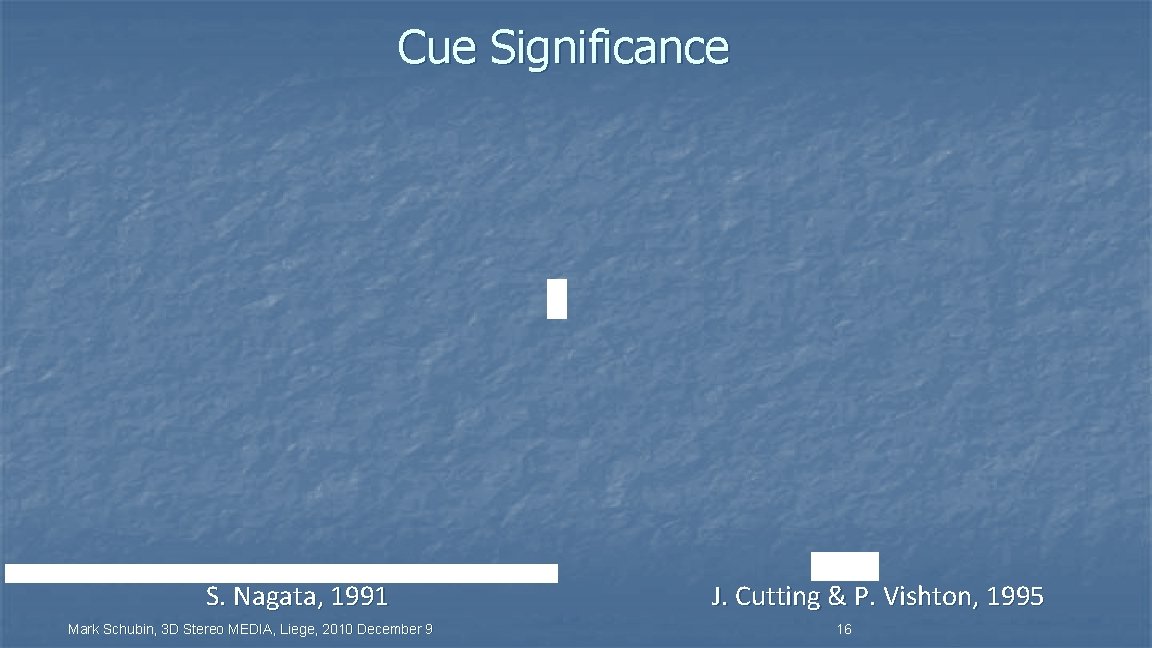 Cue Significance S. Nagata, 1991 Mark Schubin, 3 D Stereo MEDIA, Liege, 2010 December