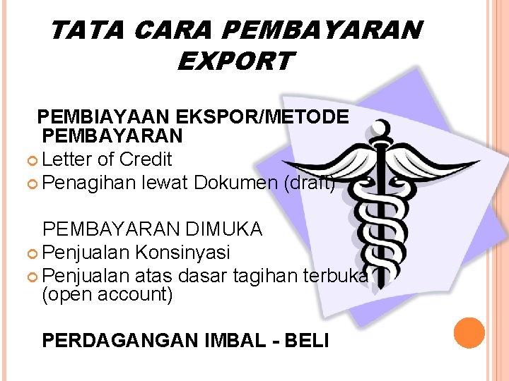 TATA CARA PEMBAYARAN EXPORT PEMBIAYAAN EKSPOR/METODE PEMBAYARAN Letter of Credit Penagihan lewat Dokumen (draft)