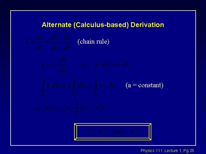Alternate (Calculus-based) Derivation (chain rule) (a = constant) Physics 111: Lecture 1, Pg 25