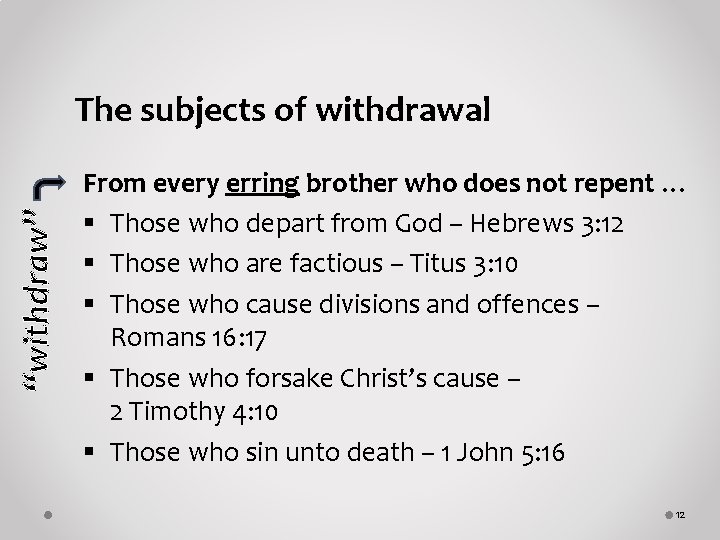 “withdraw” The subjects of withdrawal From every erring brother who does not repent …